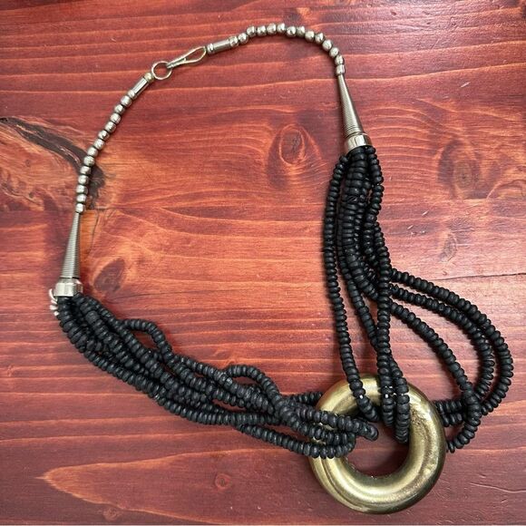 Mix Metal & Black Bead Vintage 80's Chunky Statement Necklace 22" - Picture 1 of 9